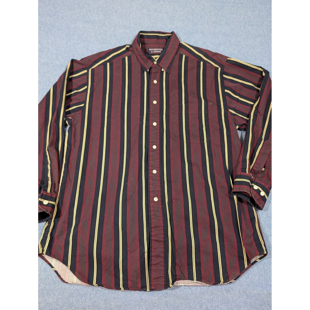 Roundtree & Yorke Mens Large Striped Button Down Shirt Burgundy Navy Yellow Lg